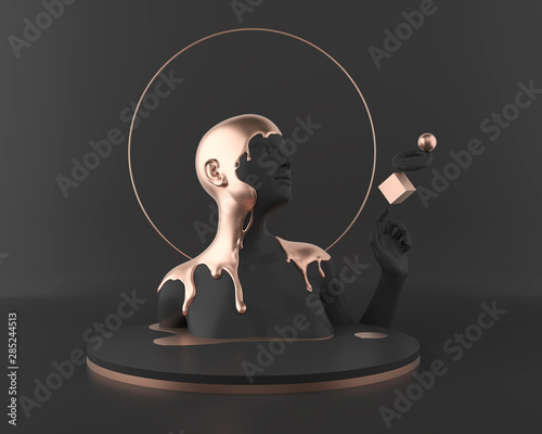 3d render of fashion shop display stand, black female body part with Gold Paint or Liquid.