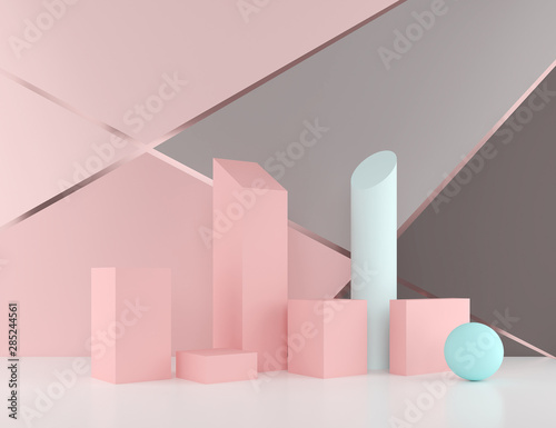 Minimal 3d rendering scene with podium and abstract background. Geometric shape in pastel pink colors.