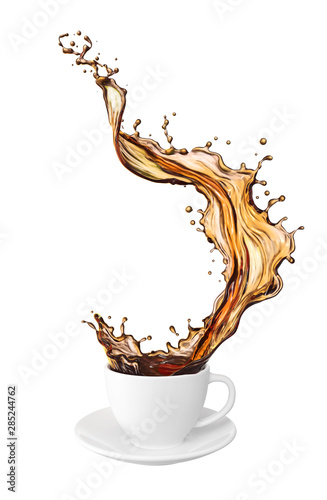 Pouring and splash coffee in white cup, Isolated on white background with clipping path, 3d rendering.
