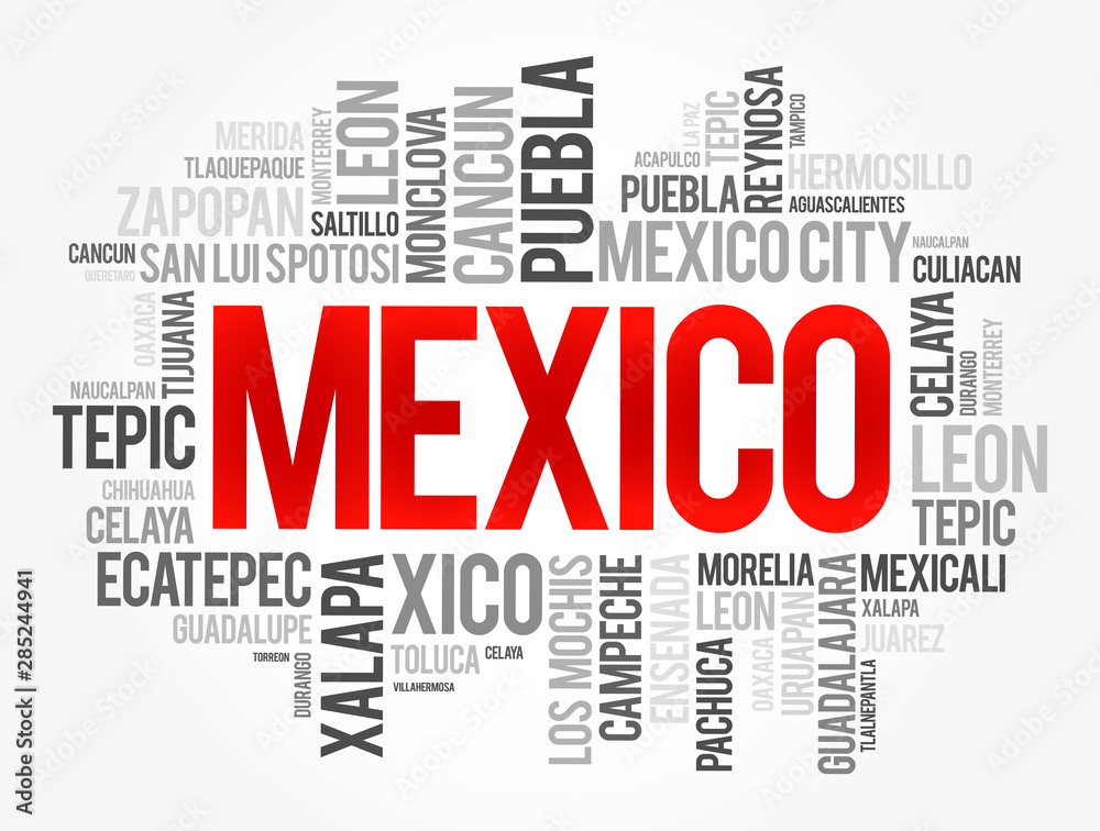 List of cities and towns in Mexico, word cloud collage, business and travel concept background List of cities and towns in Mexico, word cloud collage, business and travel concept background