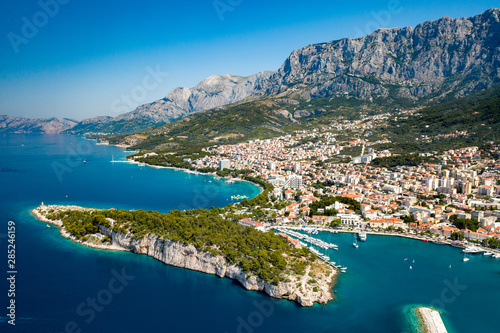 An aerial view of Makarska, a beautiful city located in Croatia photo