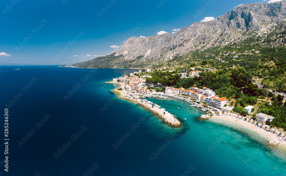 An aerial view of village of Drasnice located on Makarska Riviera, Croatia