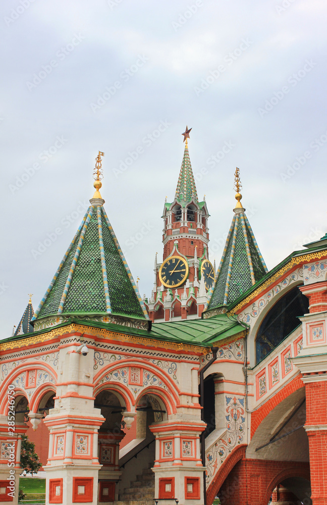 Kremlin tower in Moscow Russia. Close up decorative architecture of russian capital buildings 