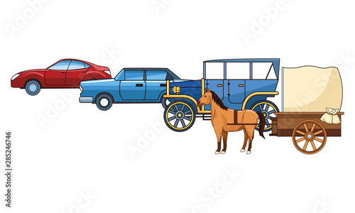 Classic cars and horse carriages vehicles