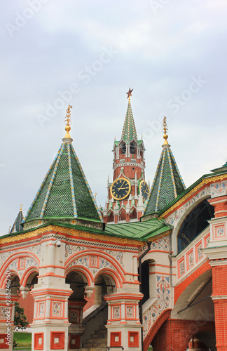 Kremlin tower in Moscow Russia. Close up decorative architecture of russian capital buildings 