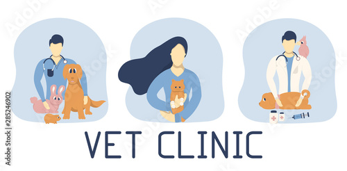 Veterinary clinic or hospital banner concept with female and male doctors. Veterinarians holding a kitten, examining dogs or puppies. 