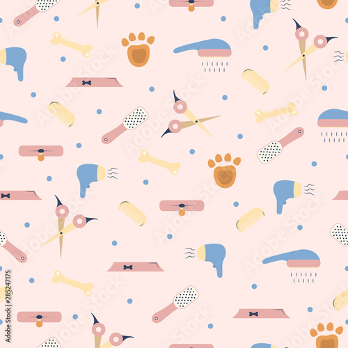 Pet shop seamless pattern. Vector background for dog grooming. Template for veterinary store design.