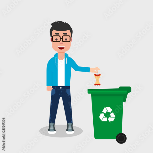 Young man in jeans and sweatshirt throwing eaten apple in recycle bin. Recycling organic waste, segregate waste, sorting garbage, eco friendly, compost, concept. Vector illustration, flat style. 
