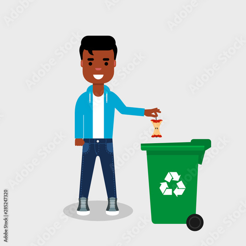 Young African American in jeans and sweatshirt throwing eaten apple in recycle bin. Recycling organic waste, segregate waste, sorting garbage, eco friendly, compost, concept. Vector illustration, flat