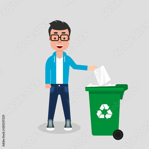 Young man in jeans and sweatshirt throwing paper in recycle bin. Recycling paper, segregate waste, sorting garbage, eco friendly, concept. Vector illustration, flat style. 