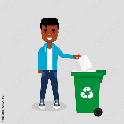 Young African American in jeans and sweatshirt throwing paper in recycle bin. Recycling paper, segregate waste, sorting garbage, eco friendly, concept. Vector illustration, flat style. 