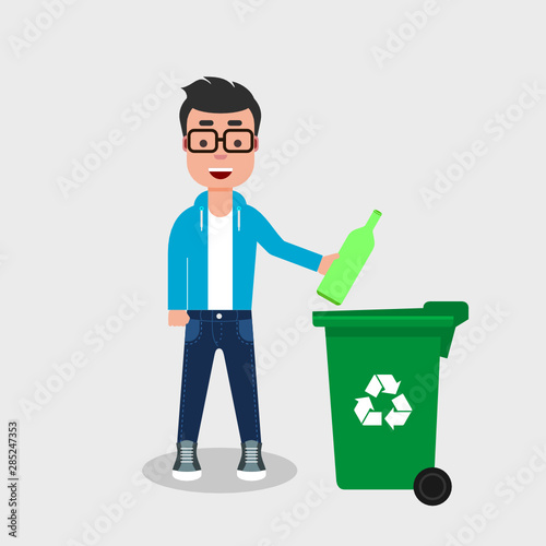 Young man in jeans and sweatshirt throwing glass bottle in recycle bin. Recycling glass, segregate waste, sorting garbage, eco friendly, concept. Vector illustration, flat style.