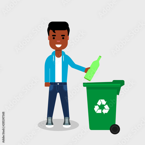 Young African American in jeans and sweatshirt throwing glass bottle in recycle bin. Recycling glass, segregate waste, sorting garbage, eco friendly, concept. Vector illustration, flat style. 