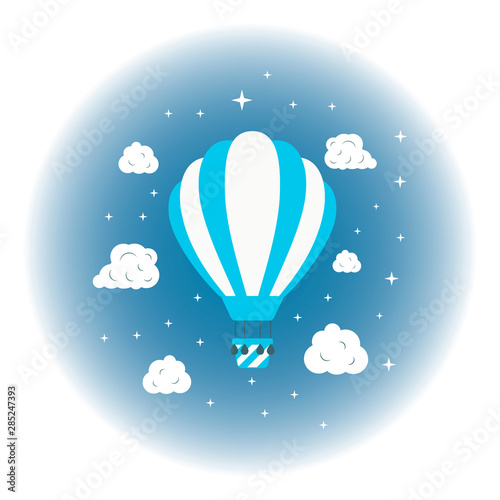 Blue hot air balloon in the night sky with clouds and stars. Cute vector baby poster. Vector print concept for children.
