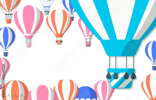 Border with colorful hot air balloon in the sky. Cute vector baby frame with airships. Vector concept background for children poster or card.