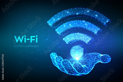Wi-Fi network icon. Low poly abstract Wi Fi sign in hand. Wlan access, wireless hotspot signal symbol. Mobile connection zone. Router or mobile transmission. 3D polygonal vector illustration.
