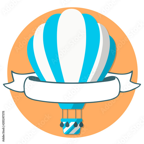 Poster with colorful hot air balloon with ribbon for invitations. Cute vector baby border with airship. Vector concept background for children greeting cards.