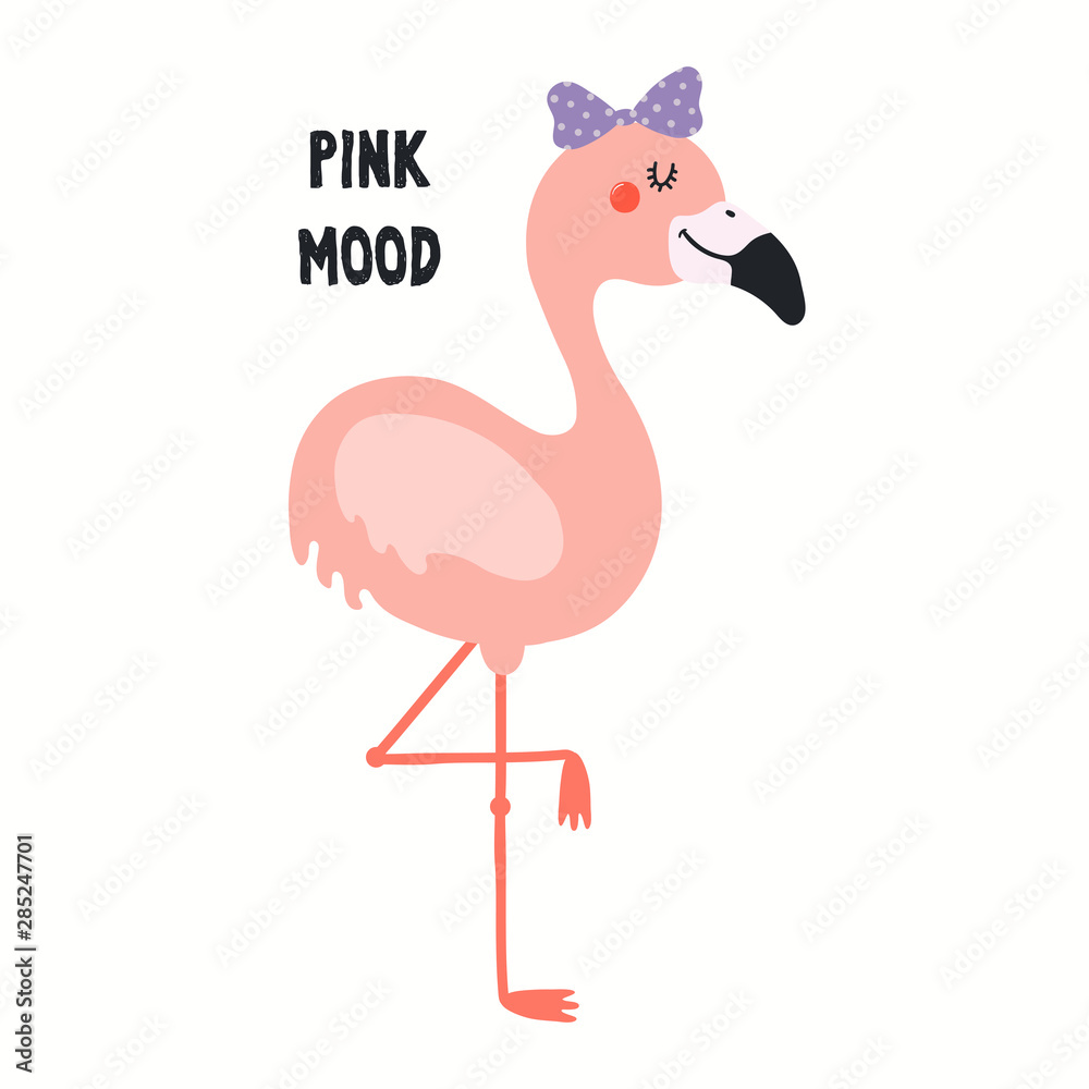 Hand drawn vector illustration of a cute funny flamingo with a ribbon, with quote Pink Mood. Isolated objects on white background. Flat style design. Color drawing. Concept for summer children print.