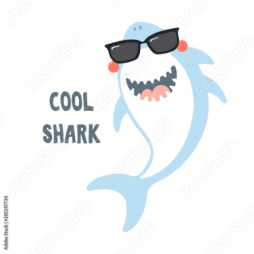 Hand drawn vector illustration of a cute funny shark in sunglasses, with quote Cool Shark. Isolated objects on white background. Flat style design. Color drawing. Concept for summer children print.