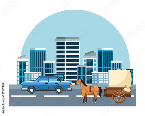 Classic cars and horse carriages vehicles