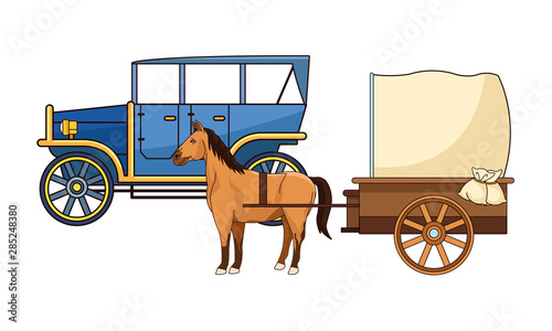 Classic cars and horse carriages vehicles