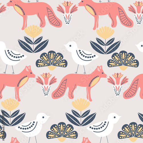 folk art birds and foxes in a scandinavian pattern design