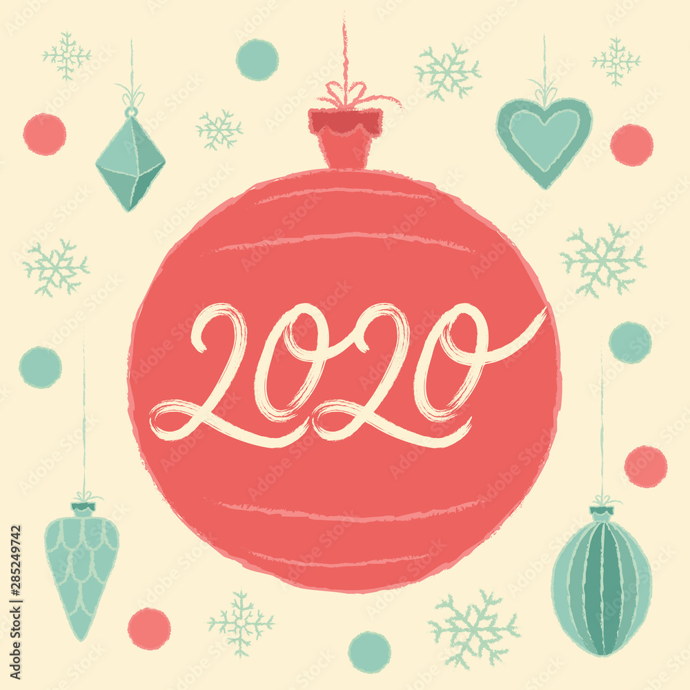 Christmas Ball 2020. Merry Christmas and Happy New Year greeting card. Vector illustration with Christmas decorations poster, invitation, postcard or background in retro style.