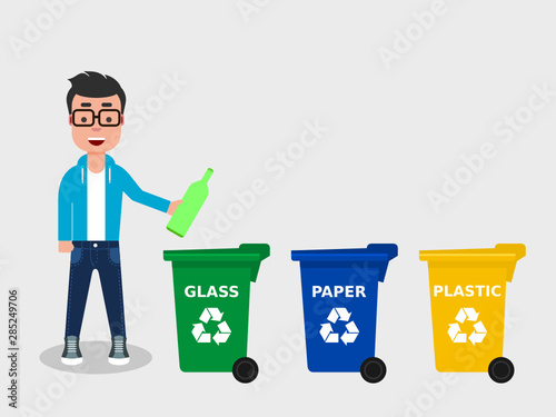 Young man throwing a glass bottle in an appropriate recycle bin. There are three different colored trash cans. Recycling glass,segregate waste,sorting garbage,eco friendly concept. Vector illustration