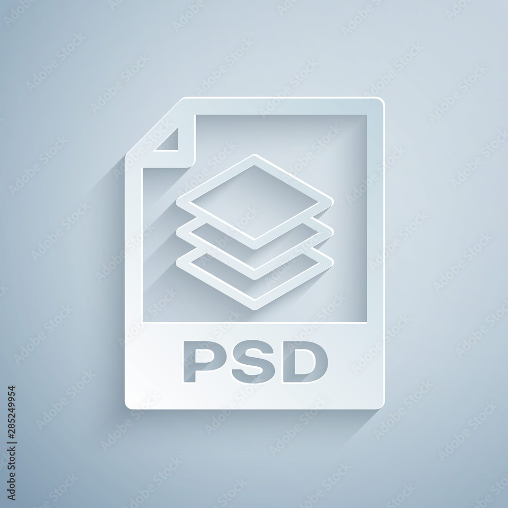 Paper cut PSD file document. Download psd button icon isolated on grey background. PSD file symbol. Paper art style. Vector Illustration
