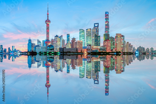 Photography Shanghai skyline and modern urban buildings at sunrise,panoramic view