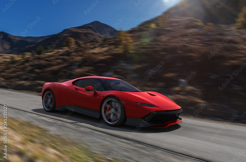 Naklejka premium red sportscar testdrive on a mountain pass 3d render