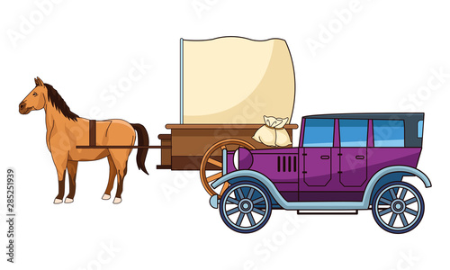 Classic cars and horse carriages vehicles