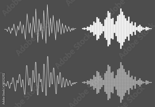Set of sound waves on black background. Audio equalizer technology, pulse musical. Music wave. Template design for club, radio, pub, party, concerts, recitals.
