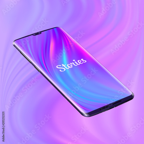 Imaginary smartphone. Vector 3d realistic mobile phone. Fashionable mockup with a Stories logo for social network. Perspective view. Abstract fluid background. Trendy bright purple and blue gradient