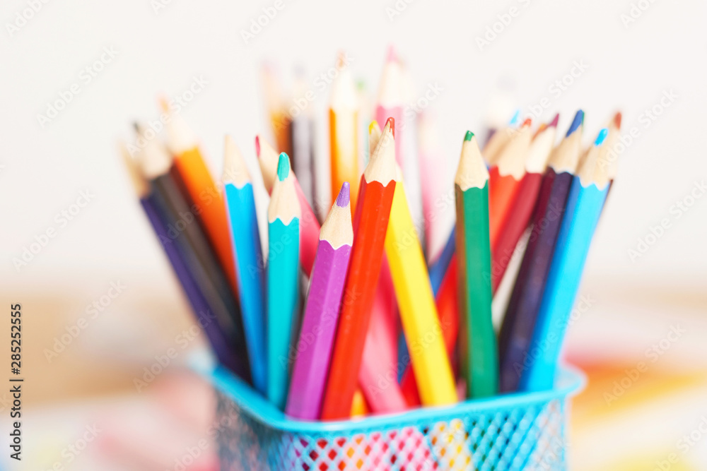 Fototapeta premium School supplies background. Back to school concept. Items for school. Office desk with copy space. Flat lay. Education and school concept. Stationery pencils, pens on table