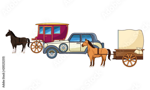 Classic cars and horse carriages vehicles