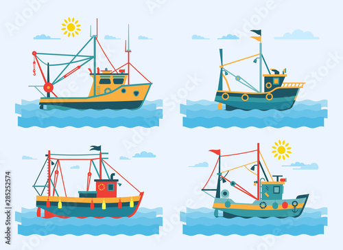 Flat illustration of colorful fishing boats. Set of different types of marine fishing boats.