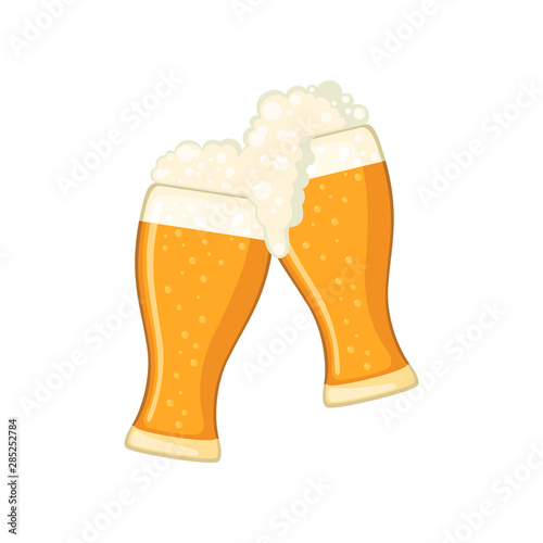 Two glass mugs of beer in flat style isolated on white.