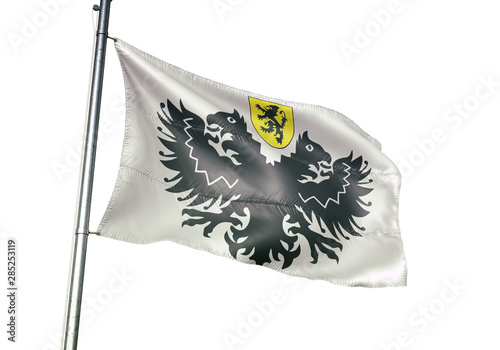 Lo-Reninge of Belgium flag waving isolated on white background