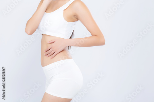 Closeup asian woman beautiful body diet with fit isolated on white background, model girl weight slim with cellulite or calories, health and wellness concept.