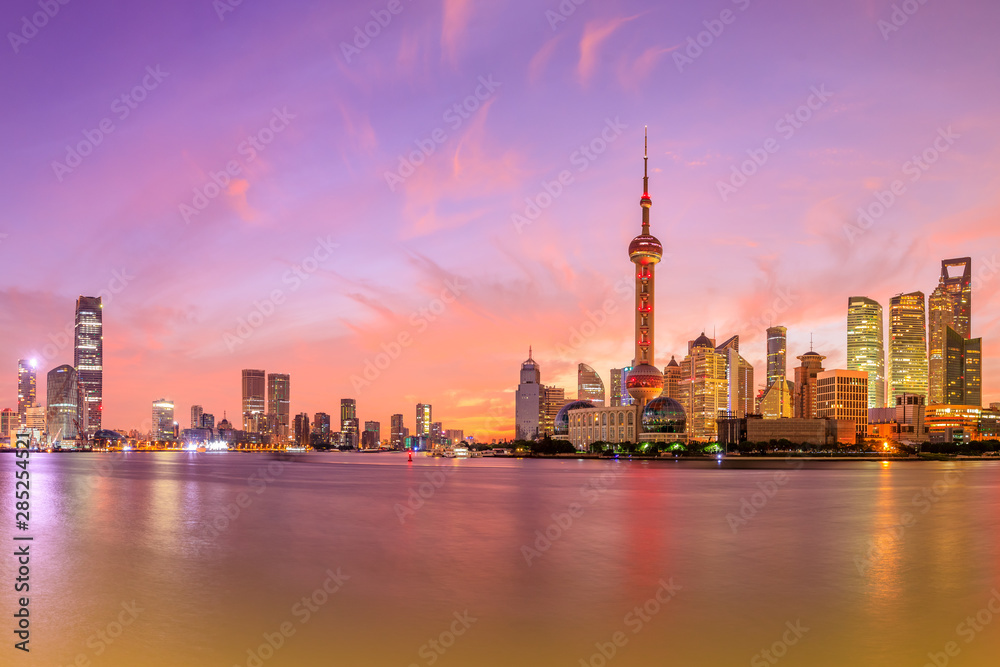 Shanghai skyline and modern buildings at sunrise,China.