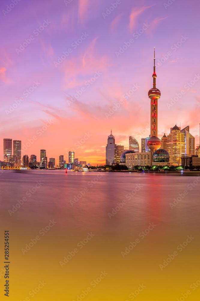 Shanghai skyline and modern buildings at sunrise,China.
