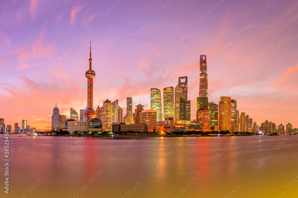 Shanghai skyline and modern buildings at sunrise,China.