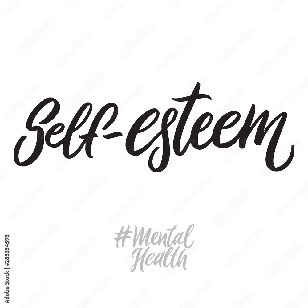 Mental health hand written lettering words: self-esteem. Psychotherapy vector design on white background