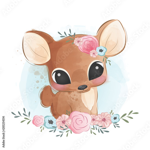 Cute Deer in Flower Wreath