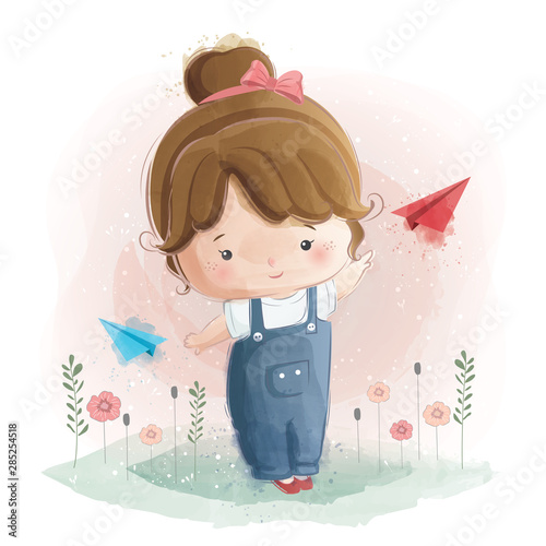 Cute Little Girl Playing with Paper Plane