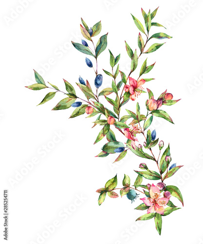Watercolor Myrtle. Vintage Watercolor Greeting Card with Green Leaves  Twigs  Branches  Blooming flowers of Myrtle