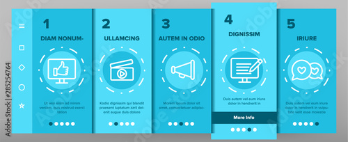 Color Blogger Onboarding Mobile App Page Screen Set Vector. Video Camera And Film File, Microphone And Smartphone, Computer Monitor And Laptop Blogger Device. Illustrations