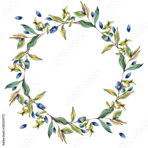 Watercolor Myrtle. Vintage Watercolor Wreath with Green Leaves, Twigs, Berries, Branches of Myrtle