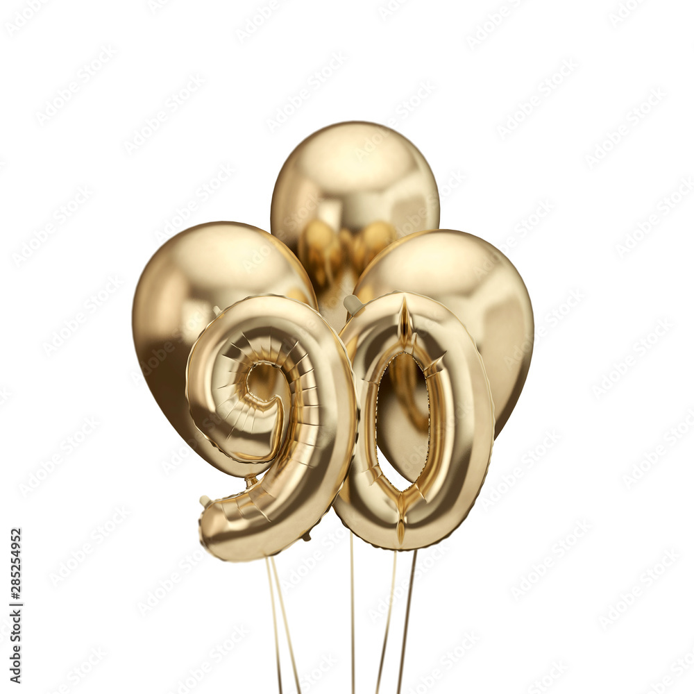 90th birthday gold foil bunch of balloons. Happy birthday. 3D Rendering